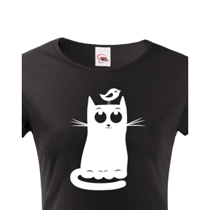 Dámské tričko s kočkou  a ptáčkem - stylový dárek pro milovníky koček