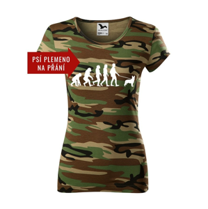 Dámske tričko s potiskem Evoluce venčení psa - tričko pro pejskařky