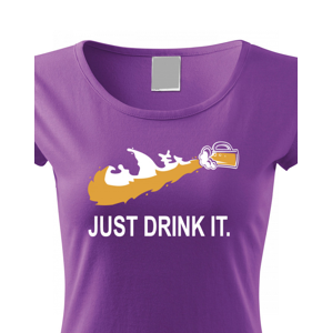 Dámské tričko s potiskem JUST DRINK IT parodující tradiční značku