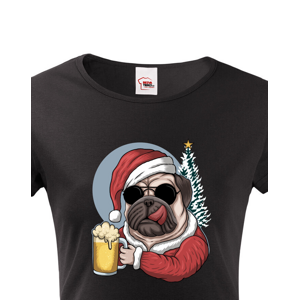 Dámské triko s potiskem Vánočního mopsíka s pivem - pro pejskařky a pivařky
