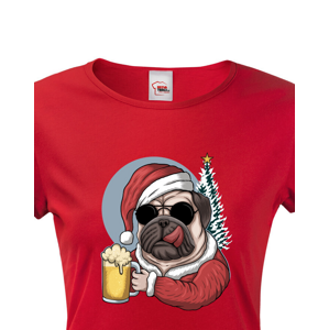 Dámské triko s potiskem Vánočního mopsíka s pivem - pro pejskařky a pivařky