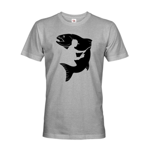 Pánské rybářské tričko s potiskem siluety rybáře a ryby